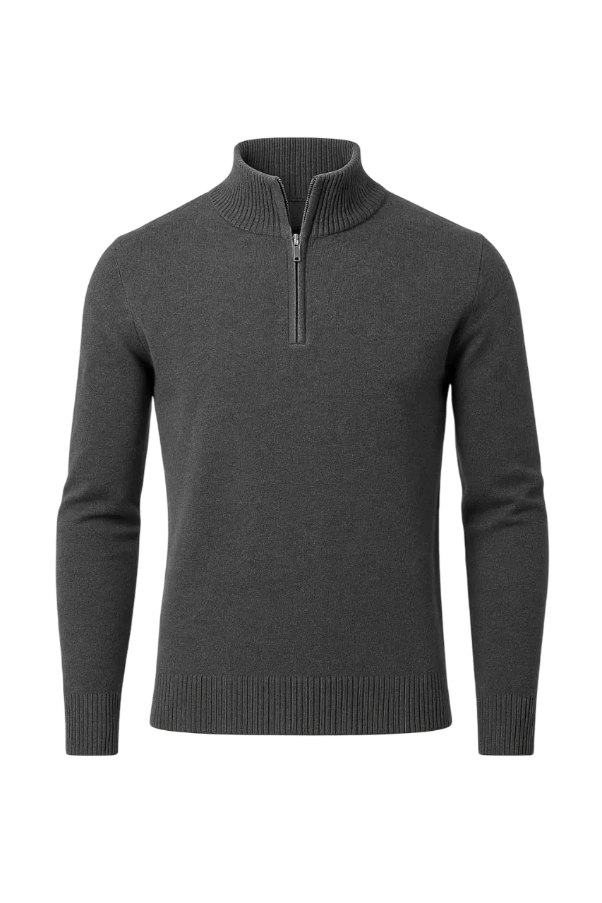 Dark gray zip-up sweater on a white background