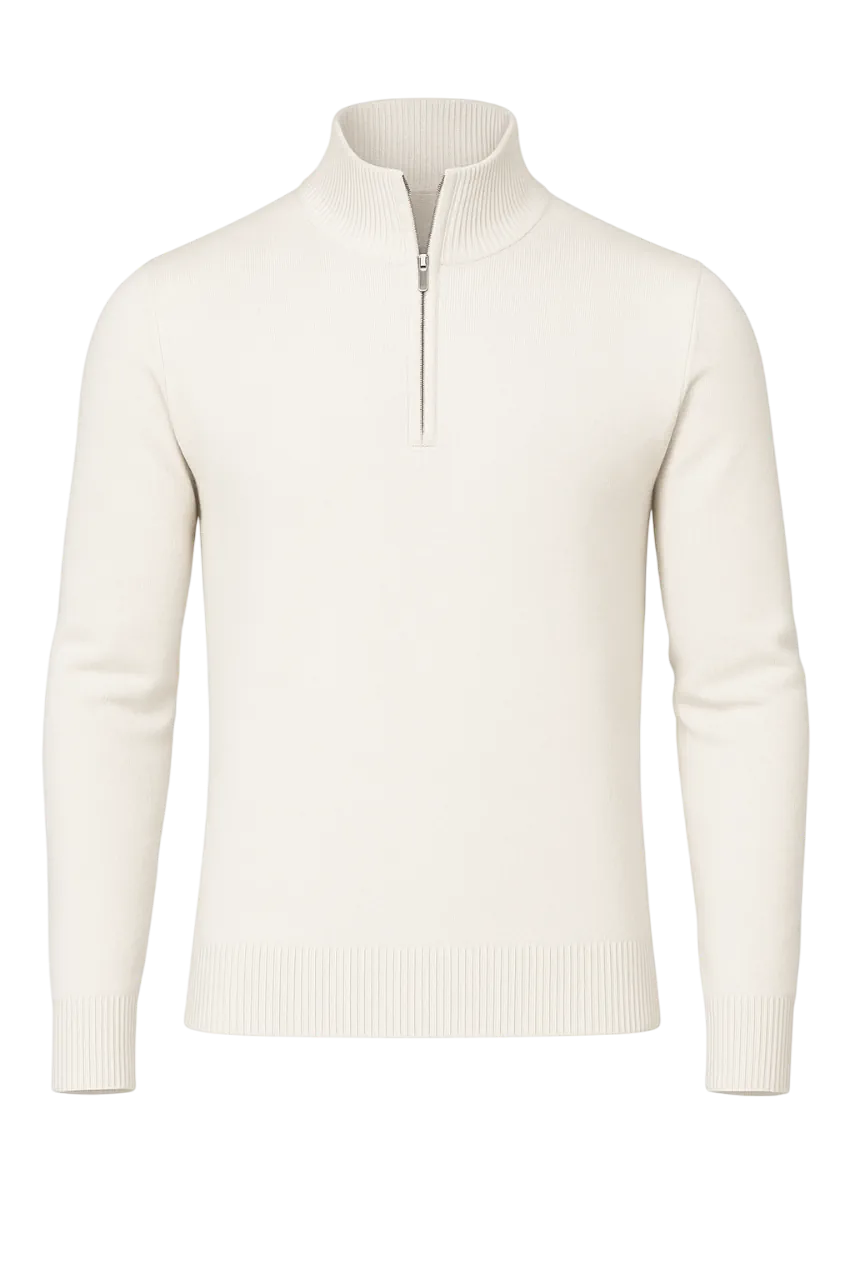 White zip-up sweater on a white background