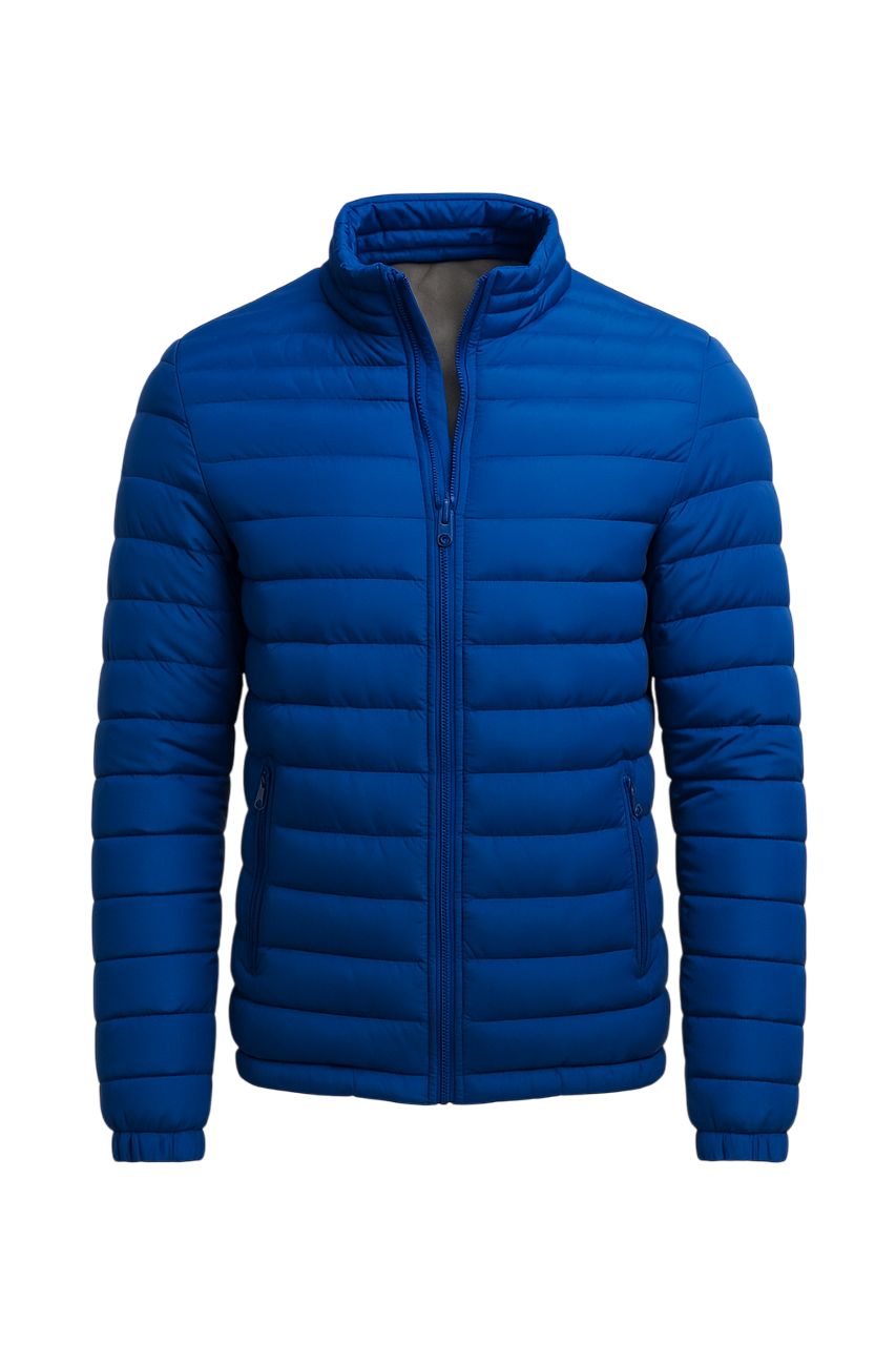 Blue puffer jacket on a white background