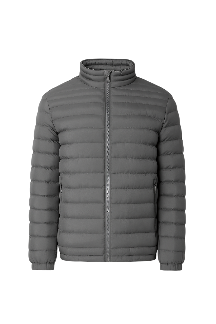 Gray puffer jacket on a white background
