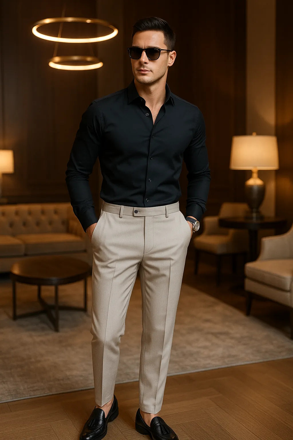 Man wearing a black shirt and beige pants in an elegant room with lamps and furniture.