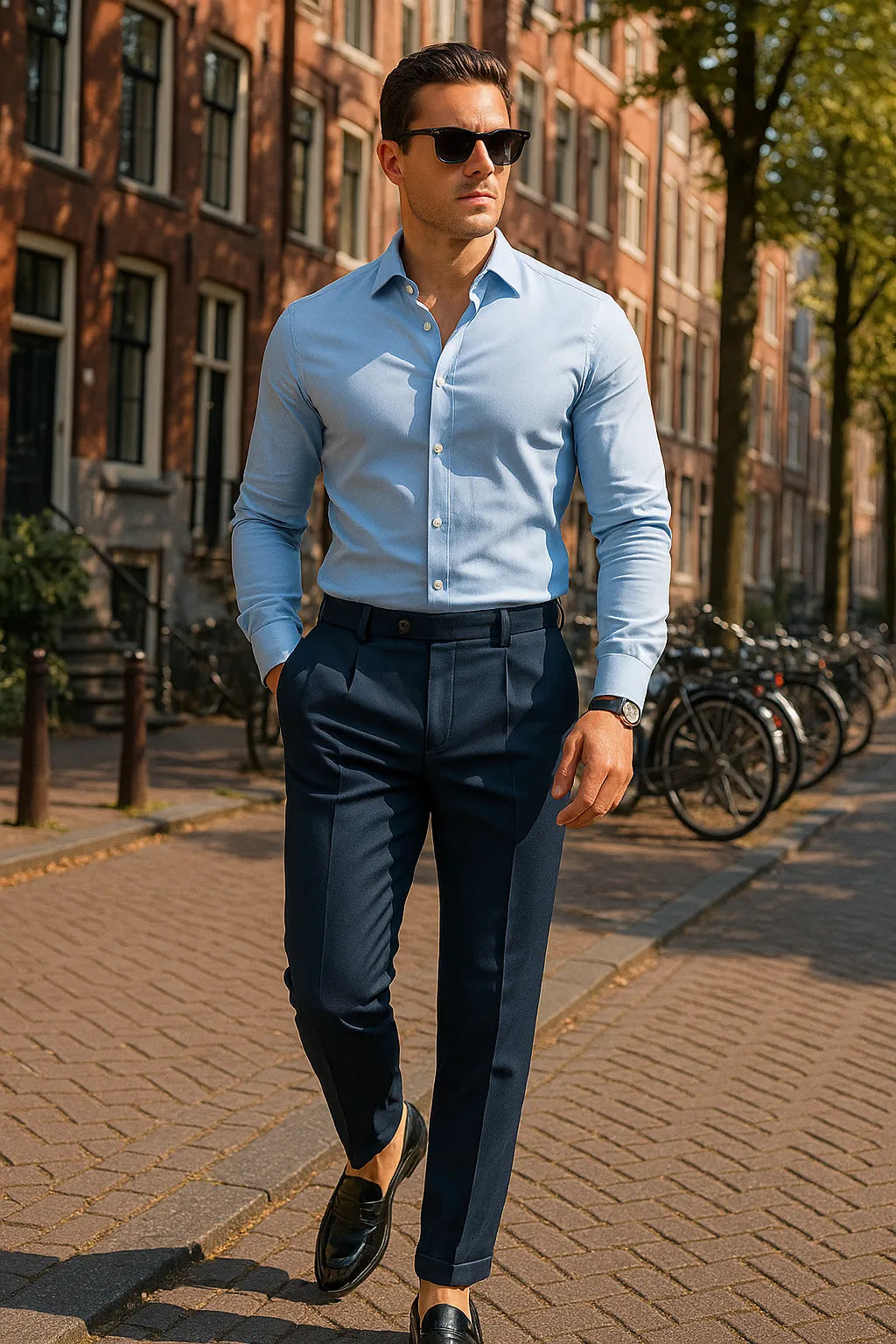 Man in light blue shirt and dark pants walking on a street with bicycles in the background