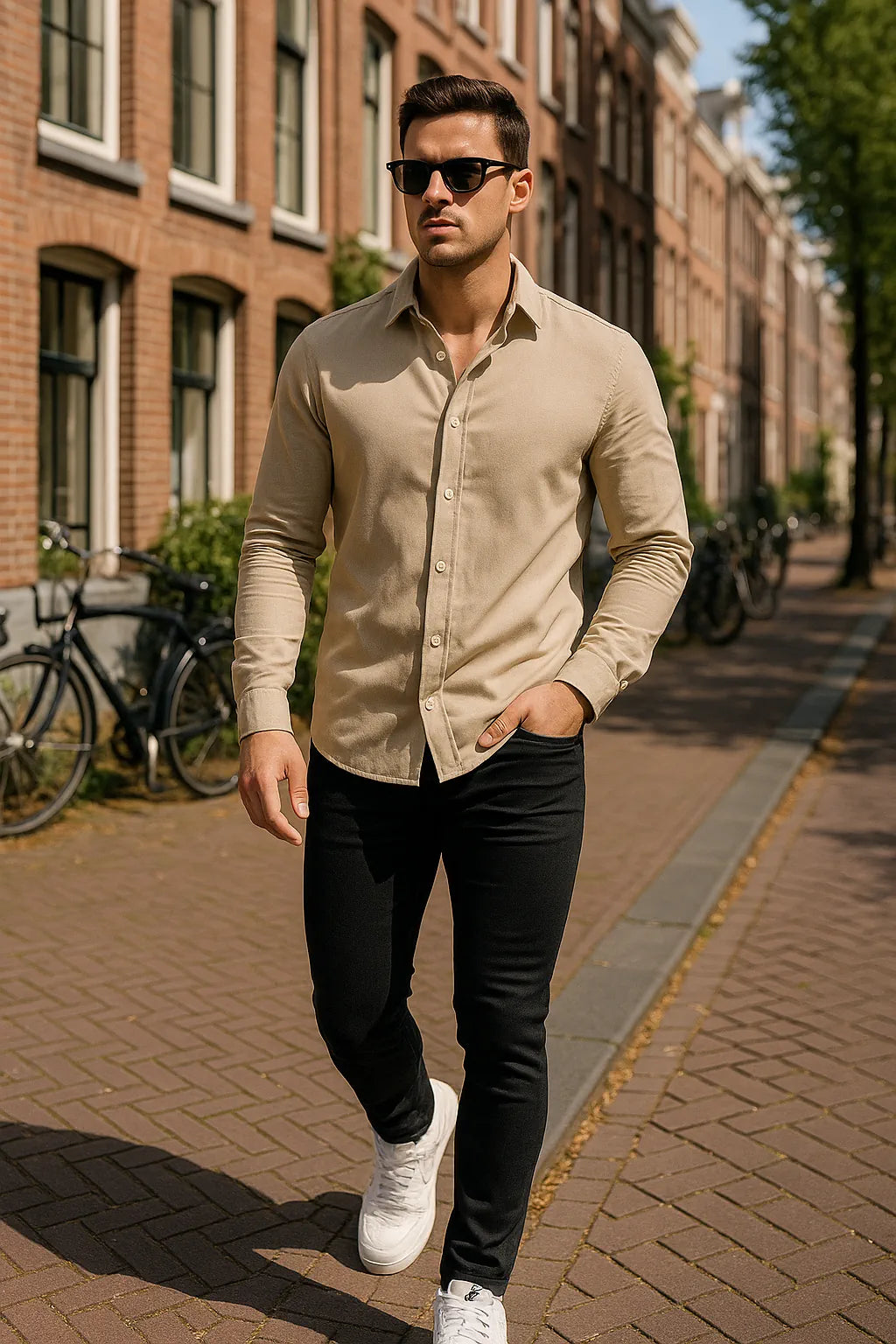 Man walking on a street wearing a beige shirt, black pants, and white sneakers.