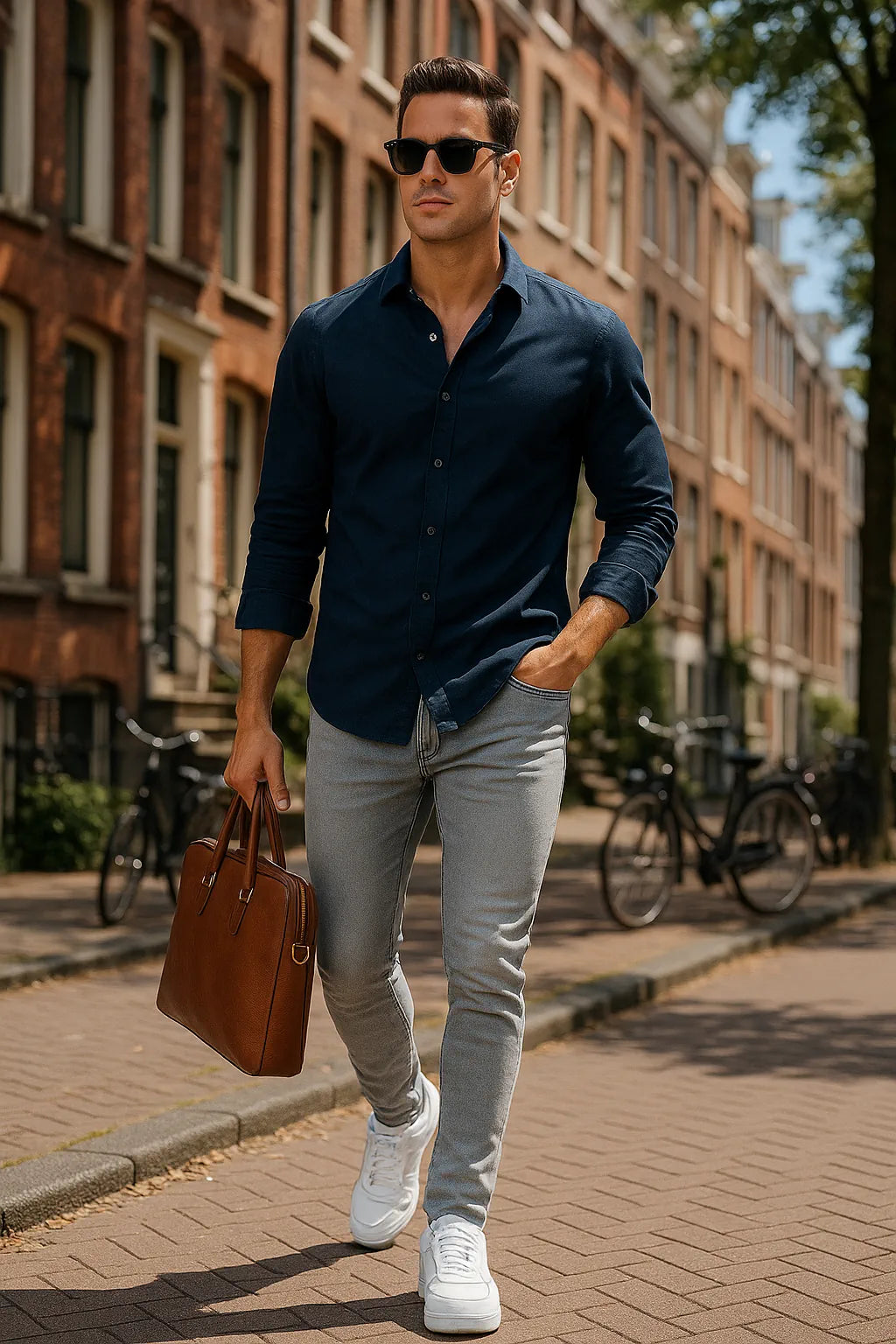 Man walking on a street holding a brown leather briefcase, wearing sunglasses, a dark shirt, light gray jeans, and white sneakers.