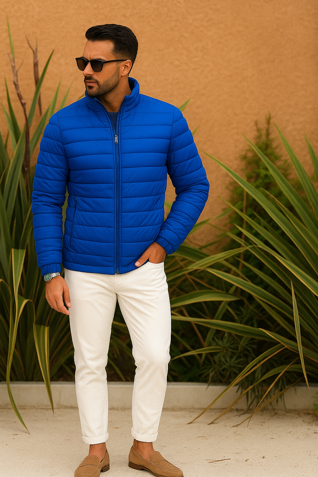 Man wearing a blue puffer jacket and white pants standing against a beige wall with plants.