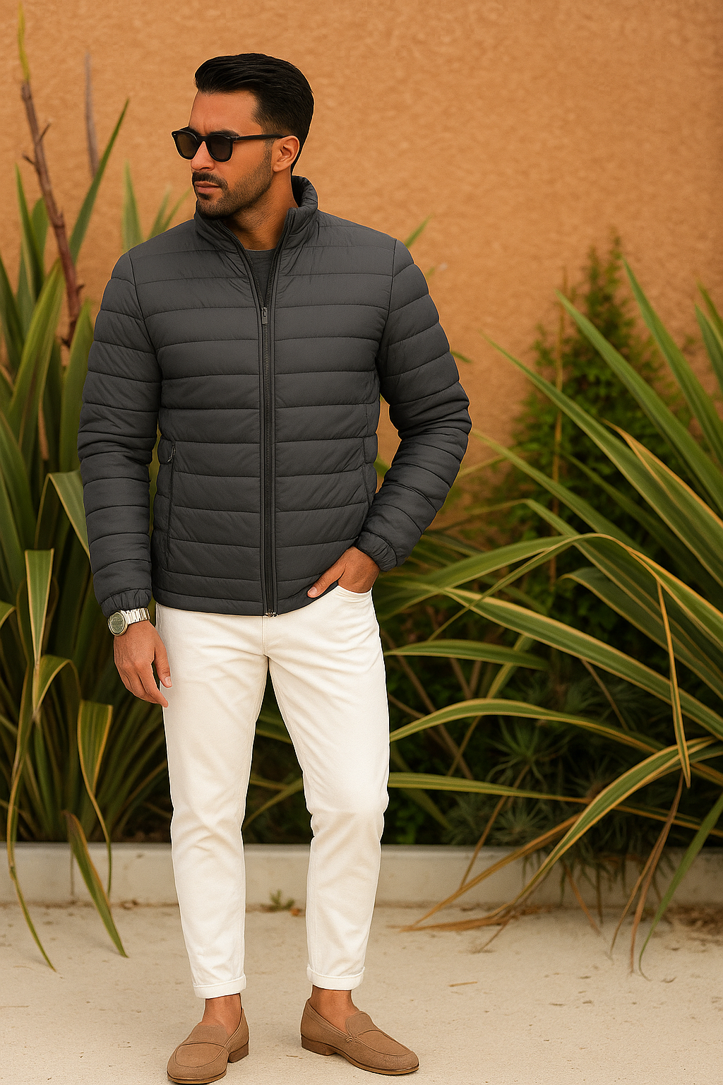Man wearing a gray puffer jacket, white pants, and brown shoes standing outdoors with plants in the background.