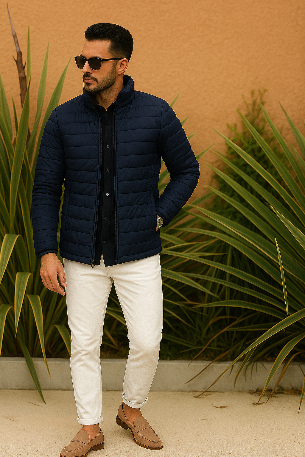 Man wearing a navy puffer jacket and white pants standing against a beige wall with plants.