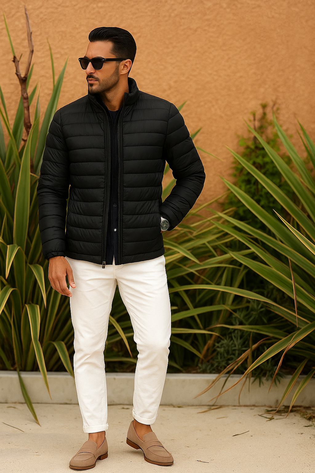 Man wearing a black puffer jacket and white pants standing outdoors with plants in the background