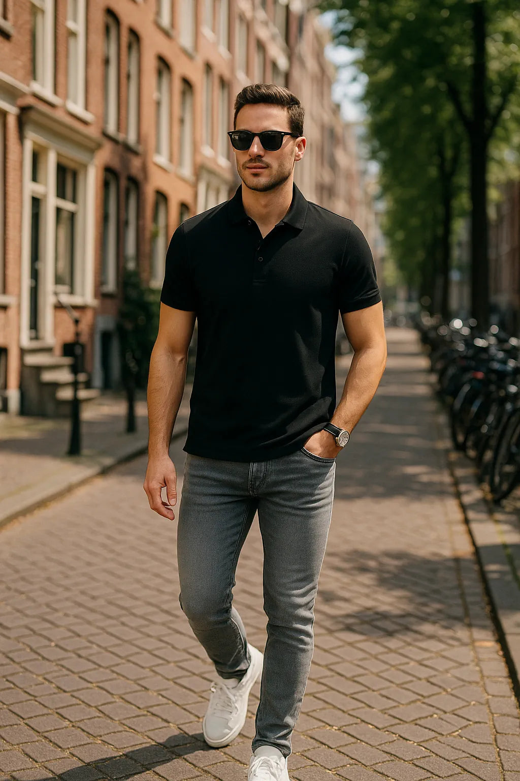 Man walking on a street wearing a black polo shirt, gray jeans, and sunglasses.