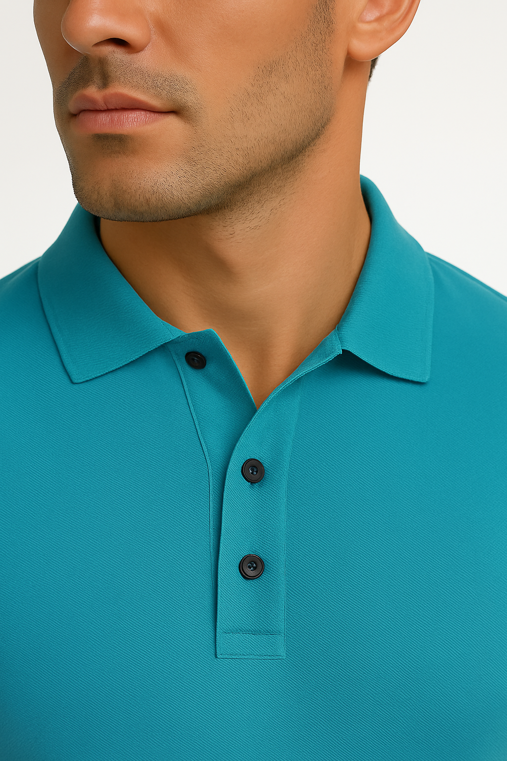 Teal polo shirt with black buttons worn by a person on a plain background