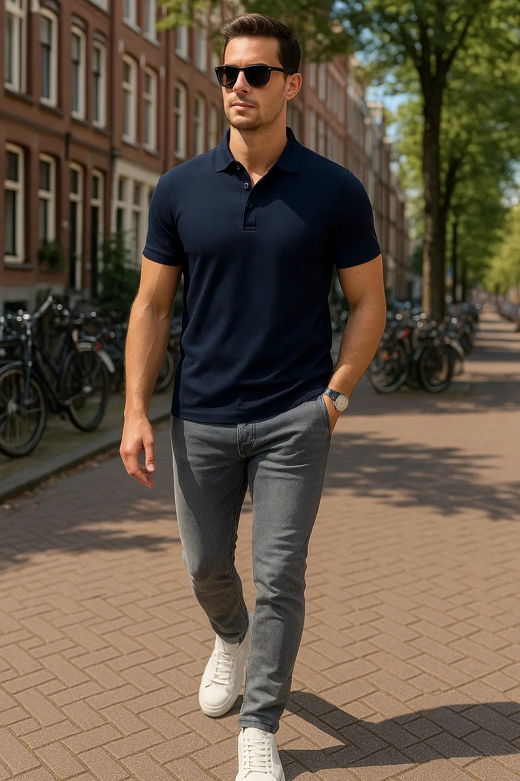 Man walking on a street wearing a navy polo shirt and gray jeans.