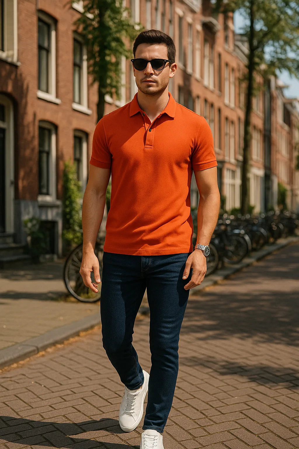 Man in an orange polo shirt and dark jeans walking on a street with brick buildings.