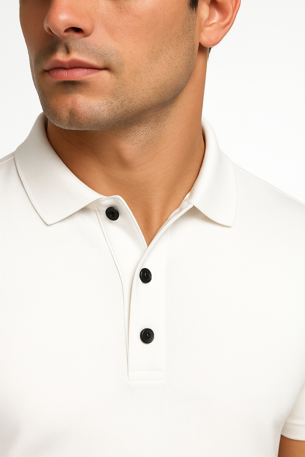Close-up of a white polo shirt with black buttons worn by a person.