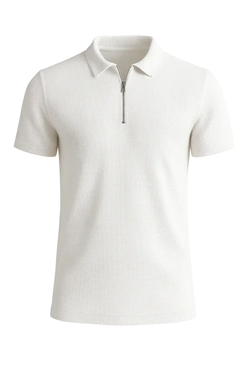 White polo shirt with a quarter zip on a white background