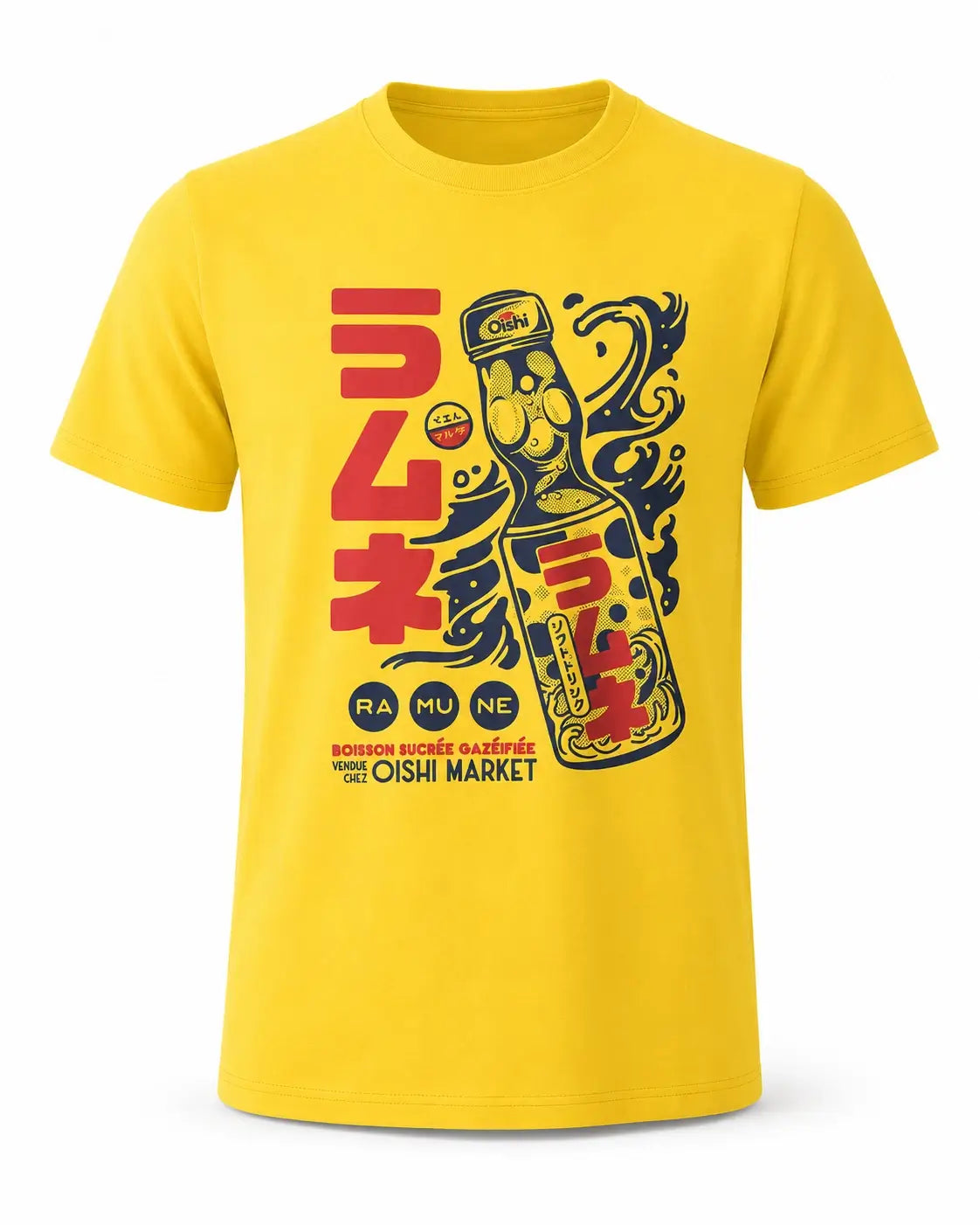 A bright yellow short-sleeve t-shirt with a graphic print of a ramen bottle and Japanese text on the front, displayed against a plain white background.