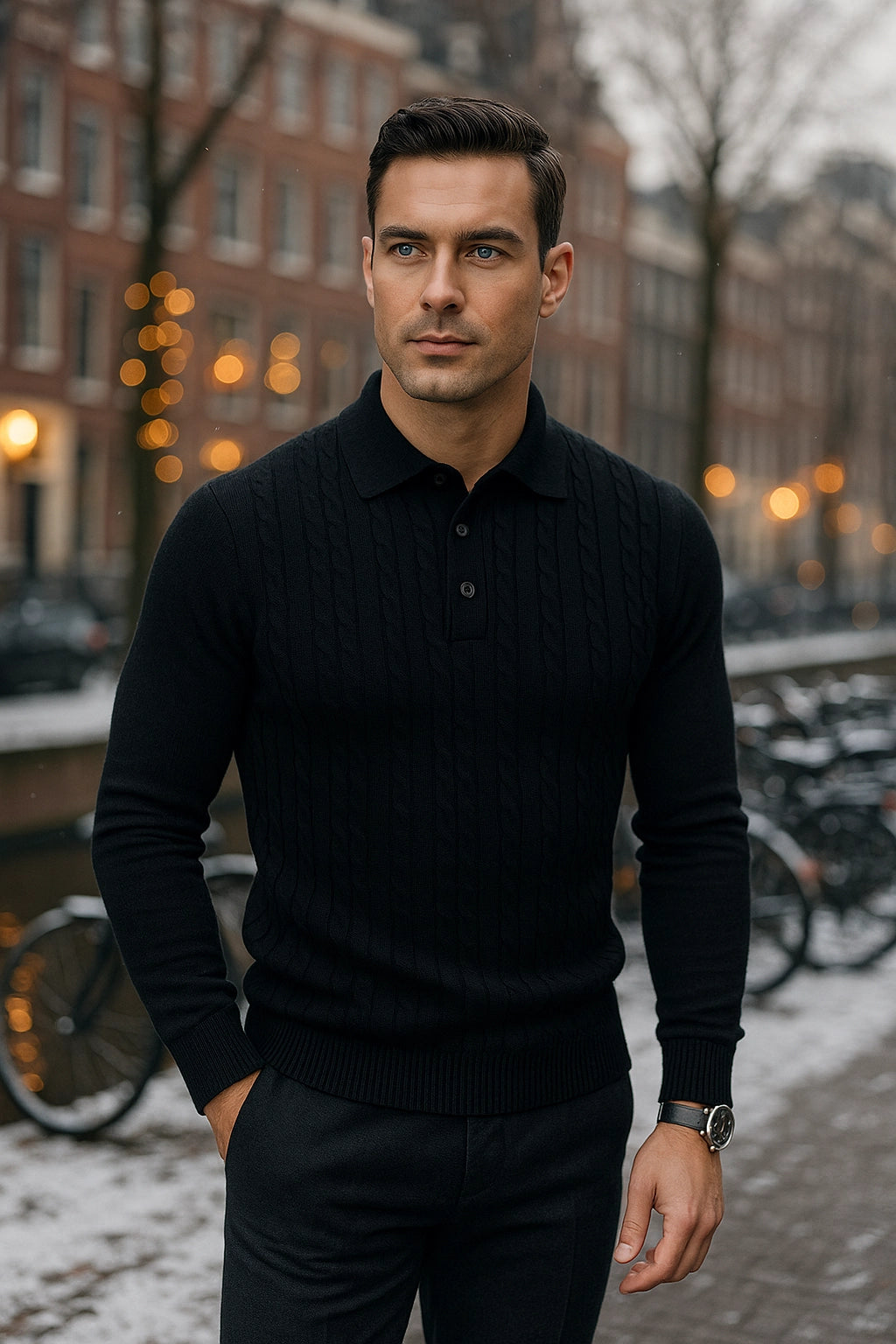 Man wearing a black sweater standing on a street with bicycles and buildings in the background