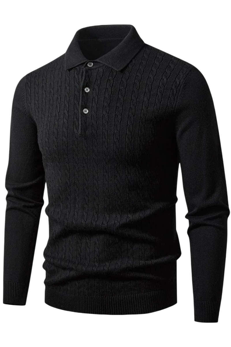 Black cable knit sweater with collar on a white background
