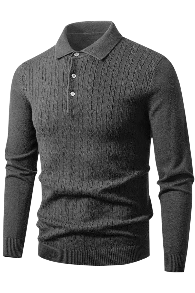 Gray cable knit sweater with collar on a white background