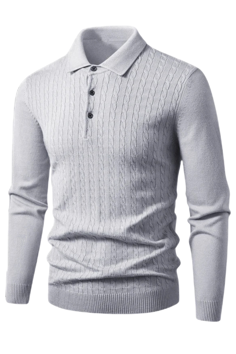 Gray knitted sweater with a collar on a white background