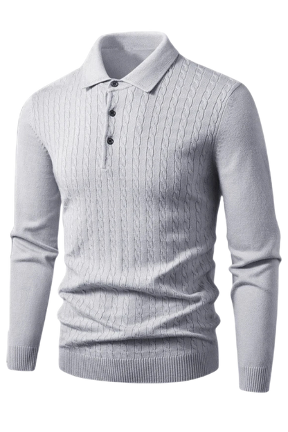 Gray knitted sweater with a collar on a white background
