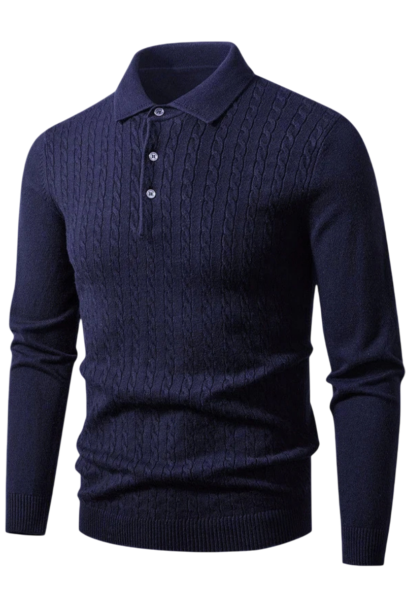 Navy blue cable knit sweater with collar on a white background