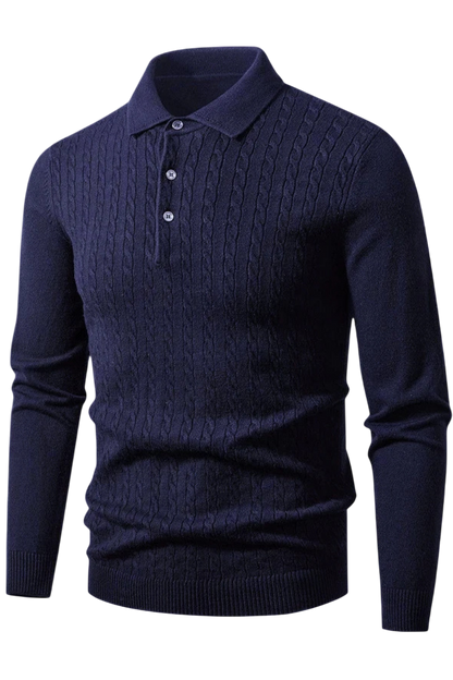 Navy blue cable knit sweater with collar on a white background