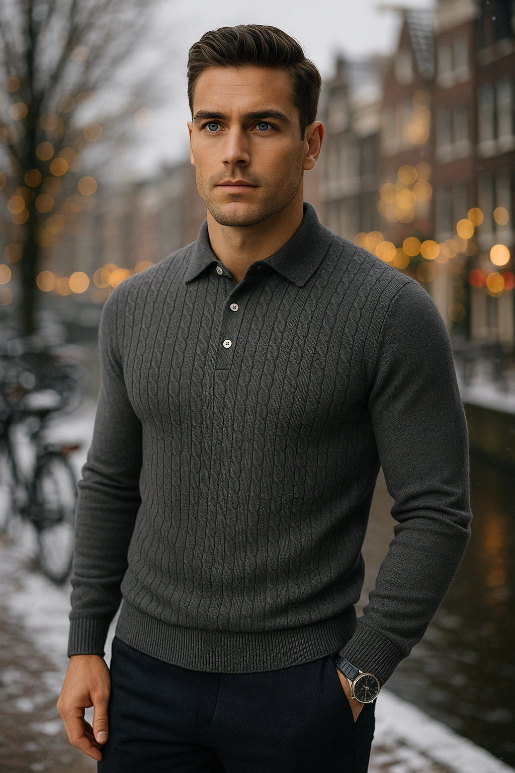 Man wearing a gray sweater standing in an urban setting with blurred lights in the background