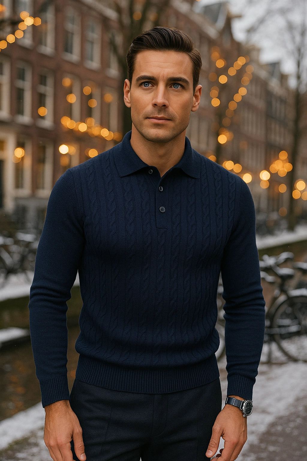 Man wearing a navy sweater standing outdoors with blurred lights and buildings in the background