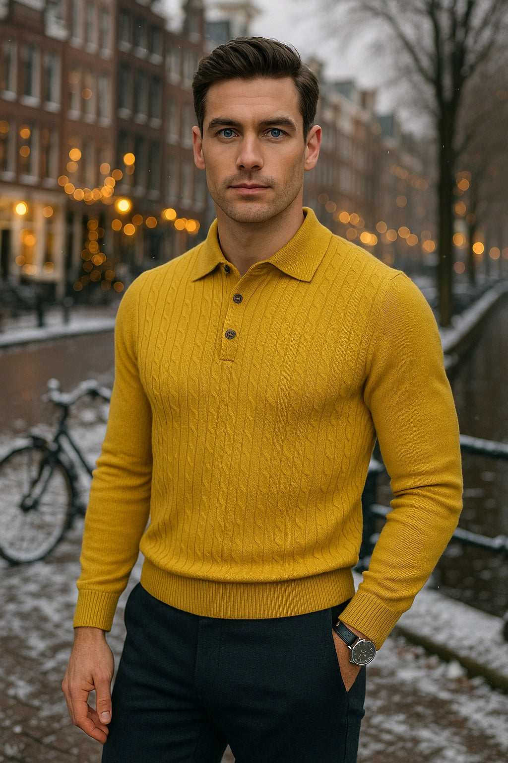 Man wearing a yellow sweater standing in an urban setting with blurred lights in the background