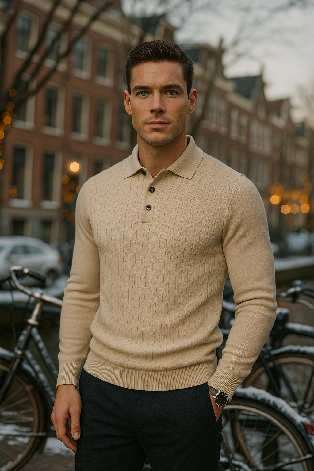 Man wearing a beige sweater standing outdoors with bicycles and buildings in the background
