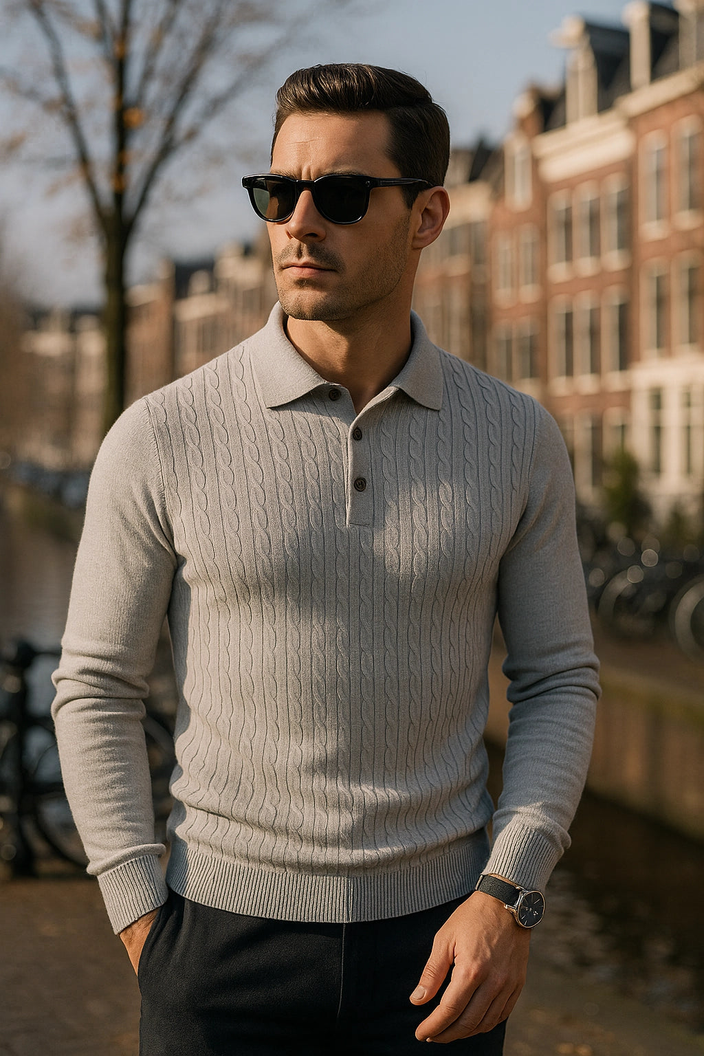 Man wearing a light gray sweater over a collared shirt with sunglasses, standing outdoors.