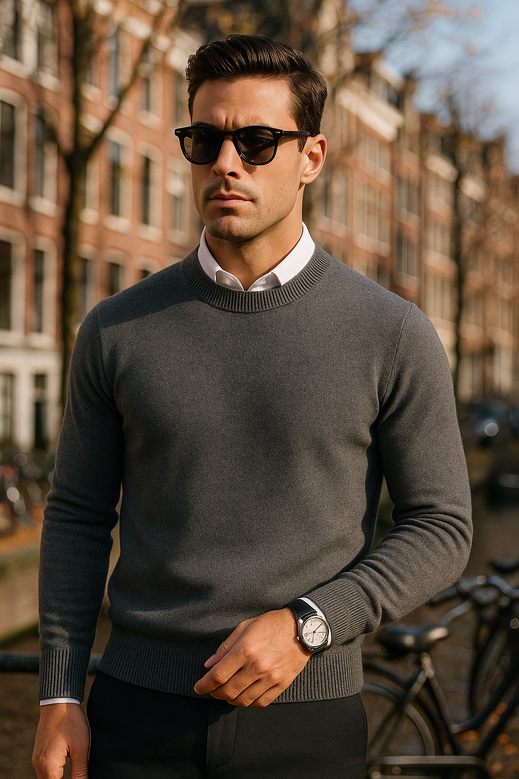 Man wearing a gray sweater and sunglasses standing outdoors with buildings in the background