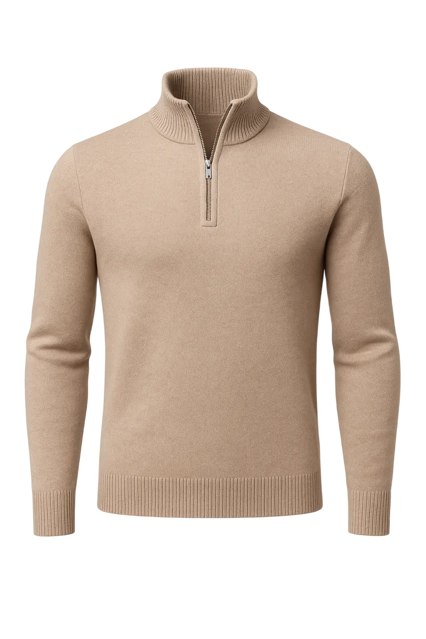 Beige half-zip sweater on a white background