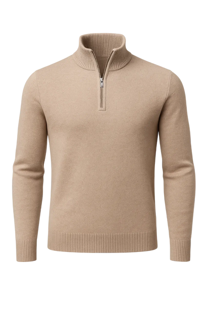 Beige half-zip sweater on a white background
