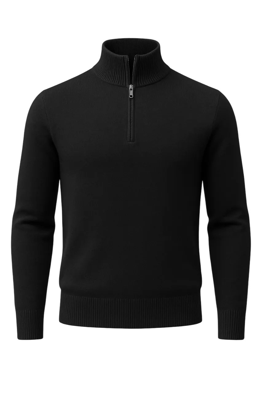 Black half-zip sweater on a white background