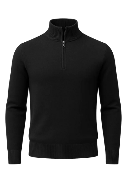 Black half-zip sweater on a white background
