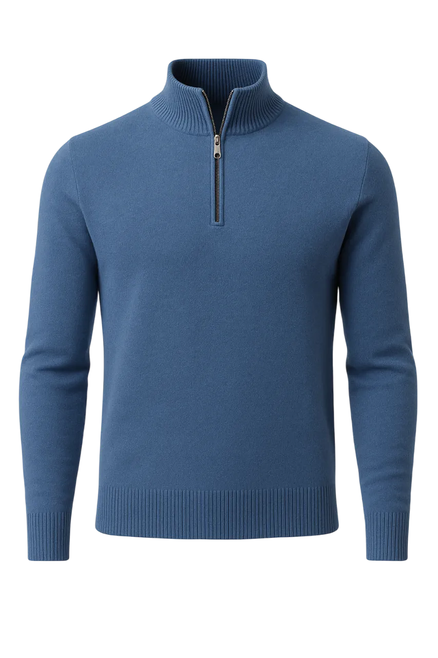 Blue sweater with a zipper on a white background