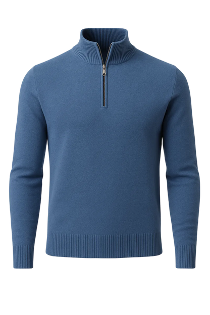 Blue sweater with a zipper on a white background