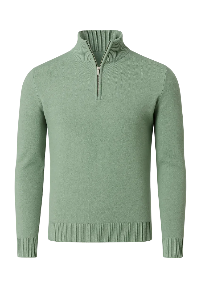 Green sweater with a quarter zip on a white background