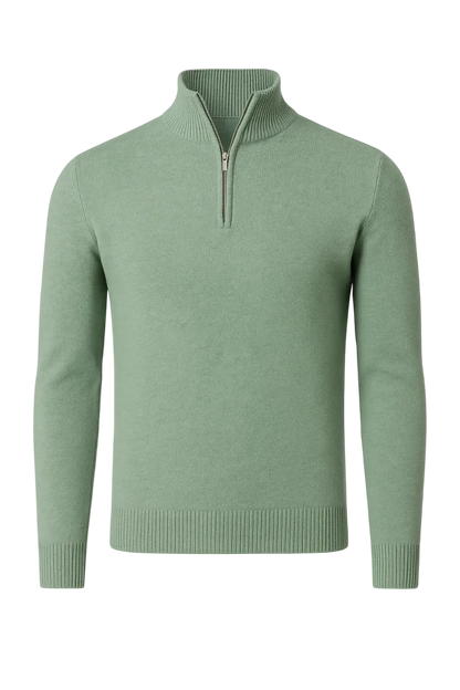 Green sweater with a quarter zip on a white background