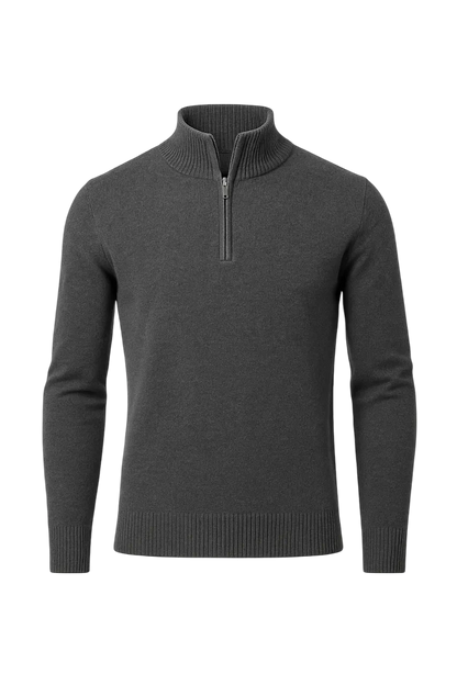 Dark gray zip-up sweater on a white background