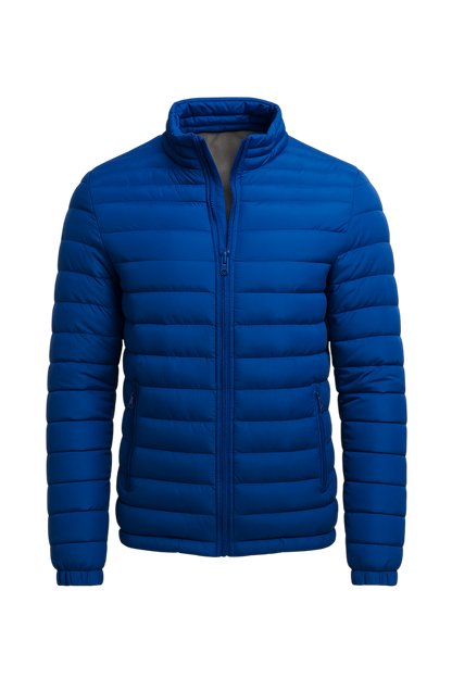Blue puffer jacket on a white background