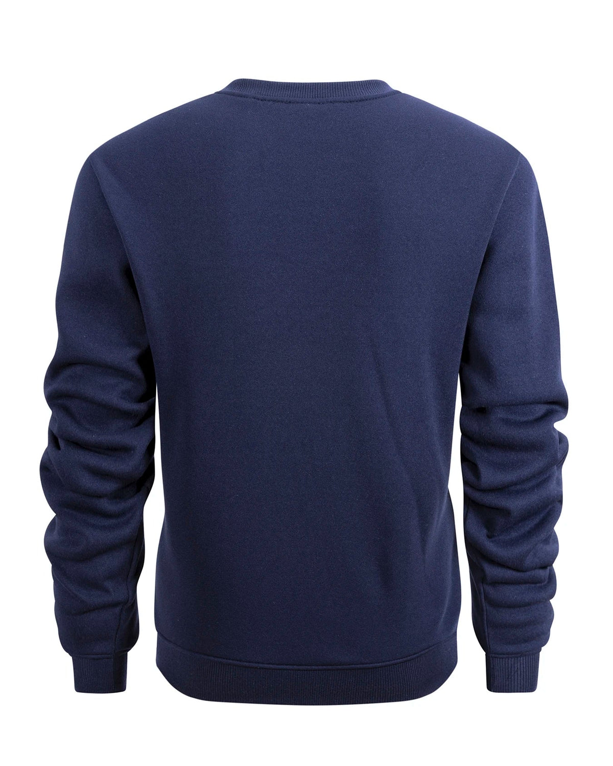 Close-up of a navy blue sweater sleeve on a white background