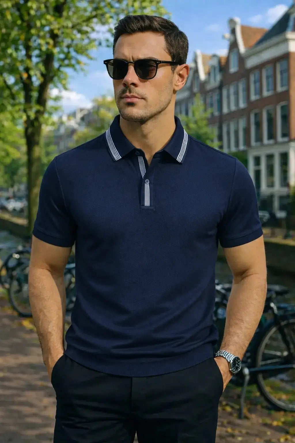 Man wearing a navy blue polo shirt and sunglasses in an urban setting with trees and buildings.
