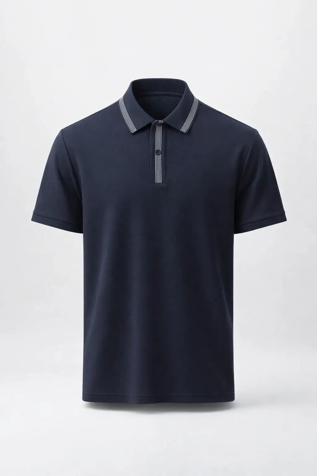 Navy polo shirt with gray accents on a light gray background