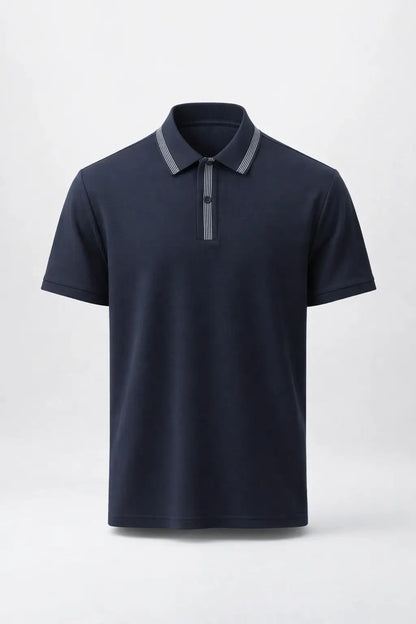 Navy polo shirt with gray accents on a light gray background