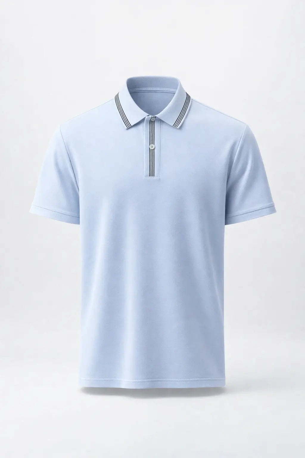 Light blue polo shirt with a zipper on a light gray background
