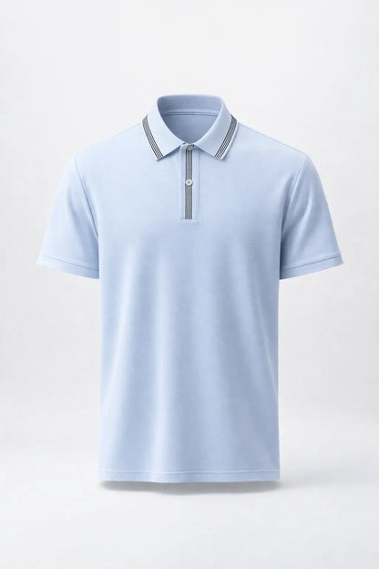 Light blue polo shirt with a zipper on a light gray background