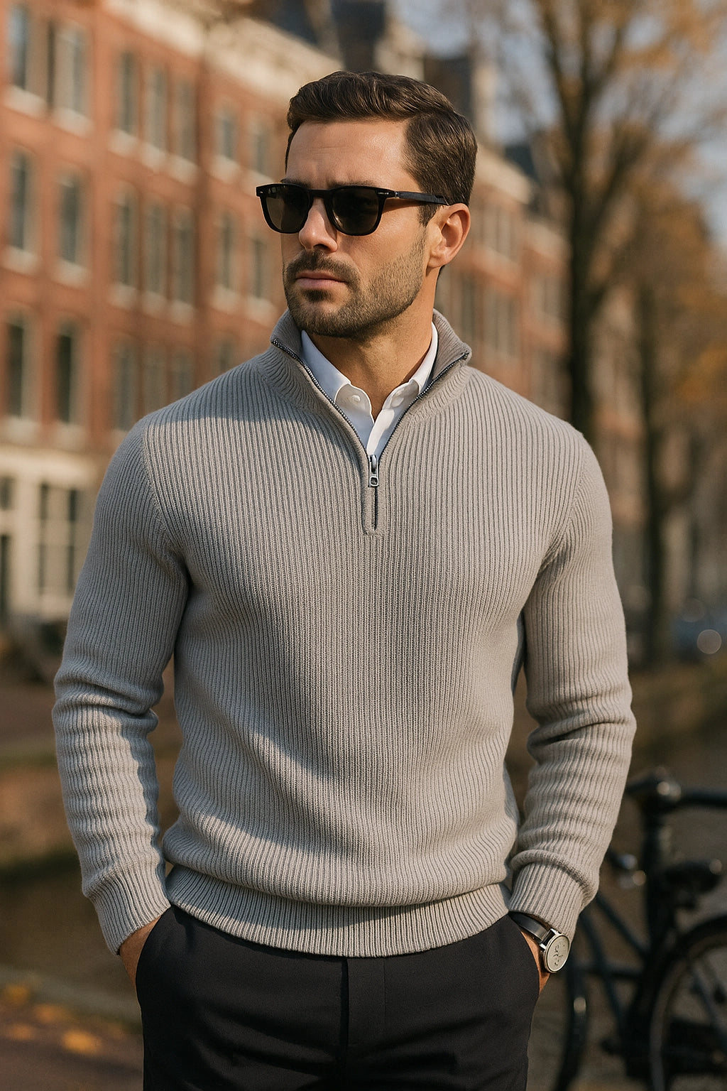 Man wearing a light gray sweater and sunglasses outdoors with buildings in the background