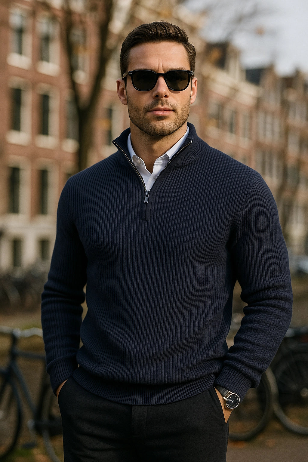 Man wearing a navy sweater and sunglasses standing outdoors with buildings in the background
